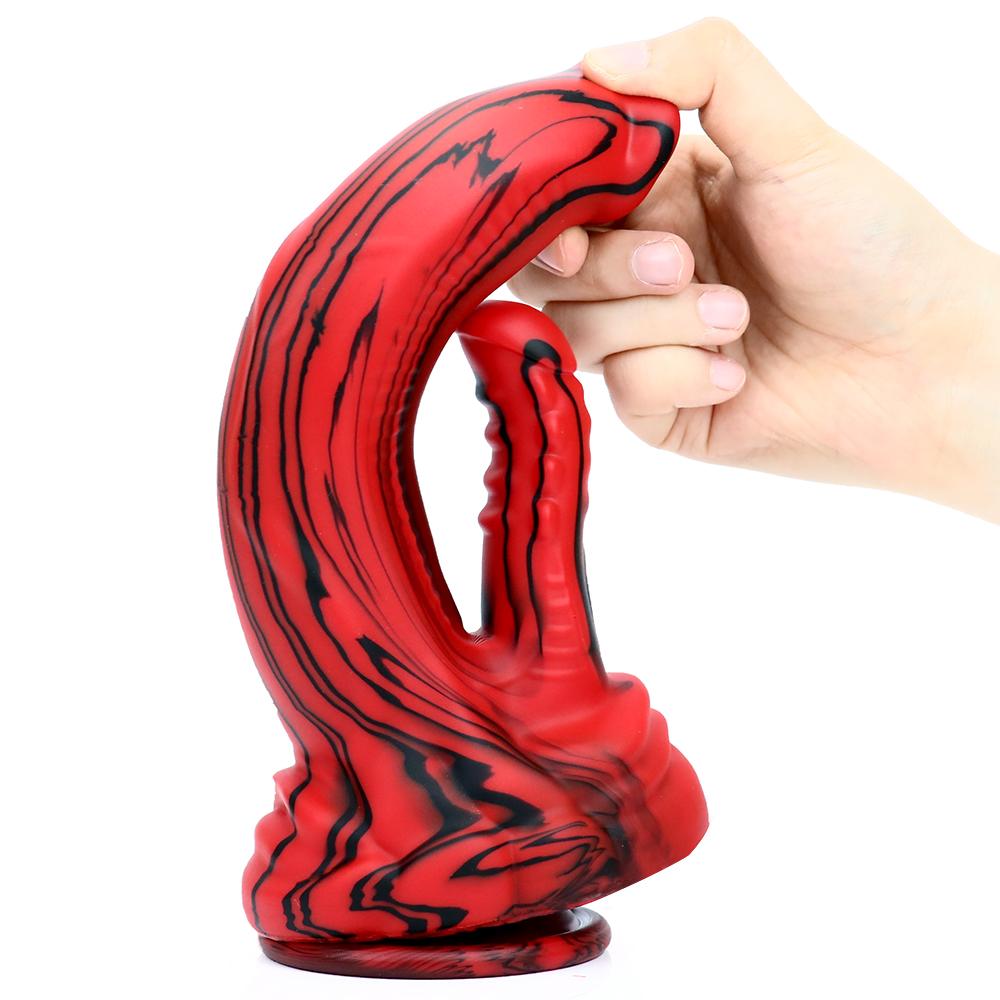 Rotschwarzer Silikon-Monsterdildos, Fantasie-Pferde-/Hundedildo mit Knoten, riesiger Schwanz, dicker Analpenis mit starkem Saugnapf