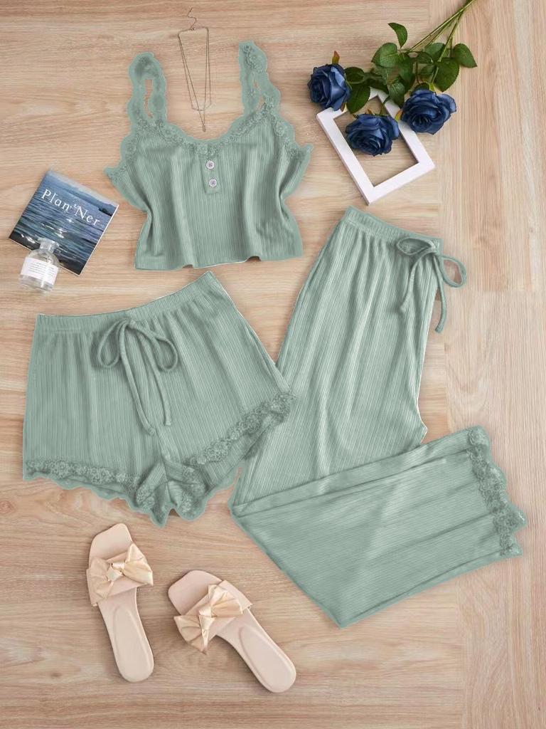 Beliebtes Damen-Spitzen-Pyjama-Set: Dreiteiler mit Shorts, langer Hose und Camisole – Sexy Homewear