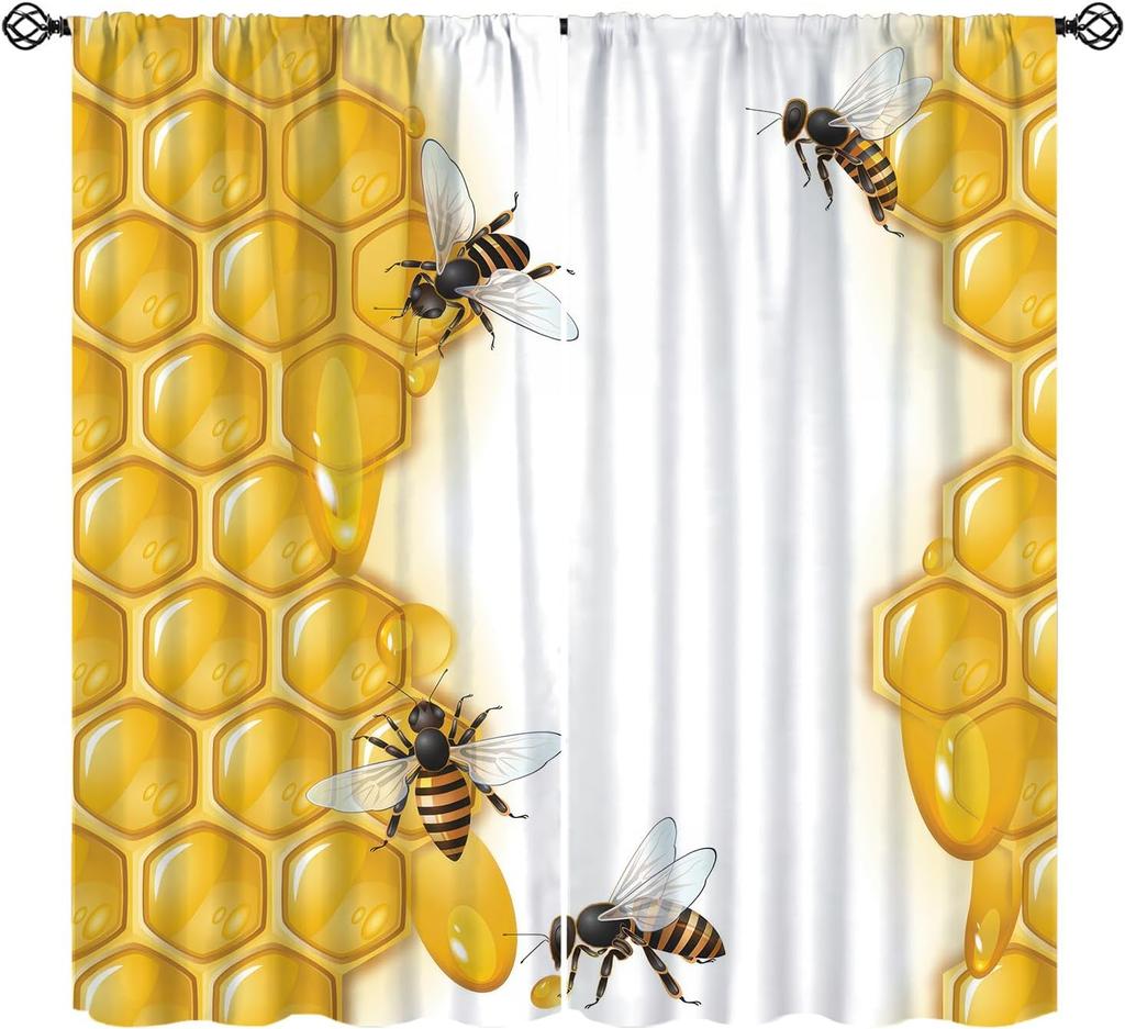 Rustic Honey Bee Curtains Honeycomb Daisy Floral Window Treatments Insulated Drapes Panel Sets Curtain With Rod Pocket Thermal Polyester
