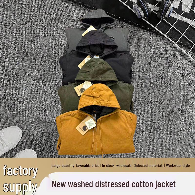 2025 Retro Classic Washed Distressed Cotton Jacket - Spring/Autumn Hooded Padded Top.