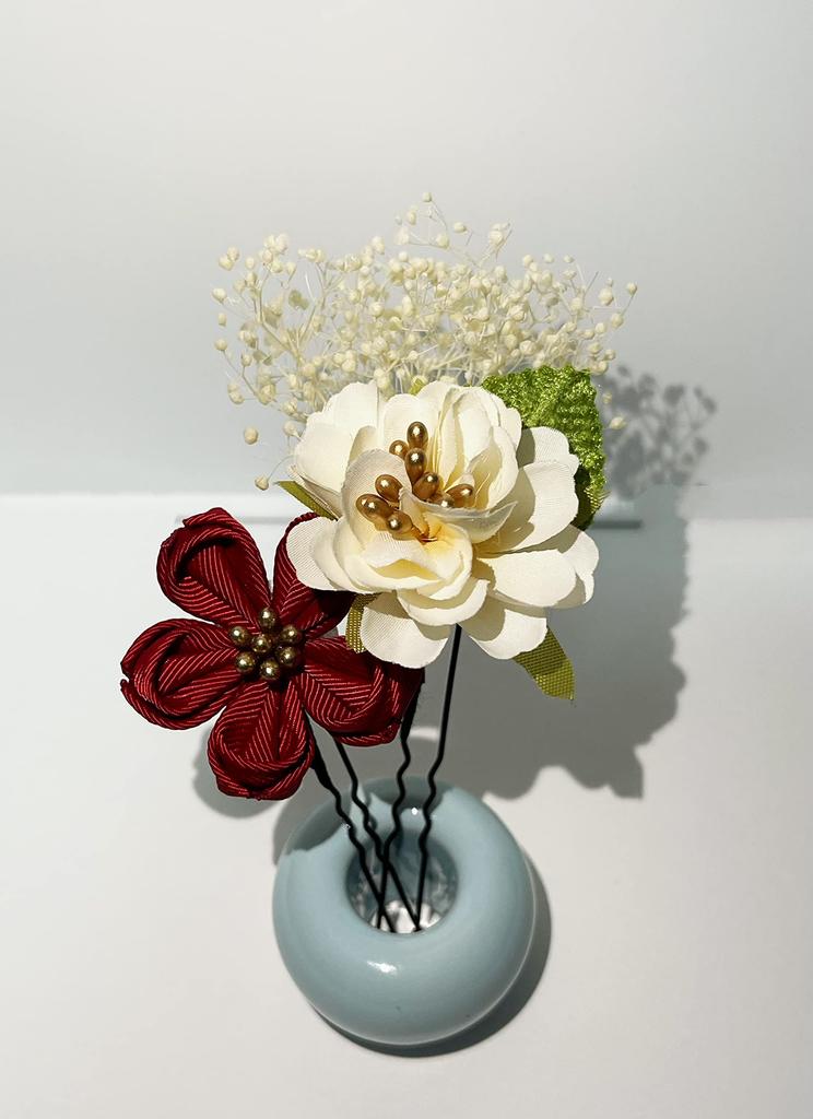 Inari Shoji Tsumami Zaiku Mizuhiki Dried Flower Hair Ornament Set for Ceremonies and Graduations (3 Pieces) Coming-of-Age (Red)
