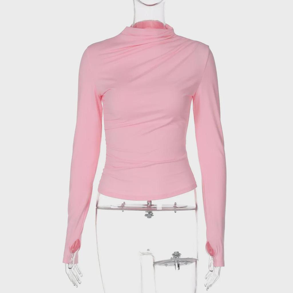 2024 Herbst/Winter Damen Slim Fit Plissee Hoher Kragen Langarm Einfarbig Mode Tops