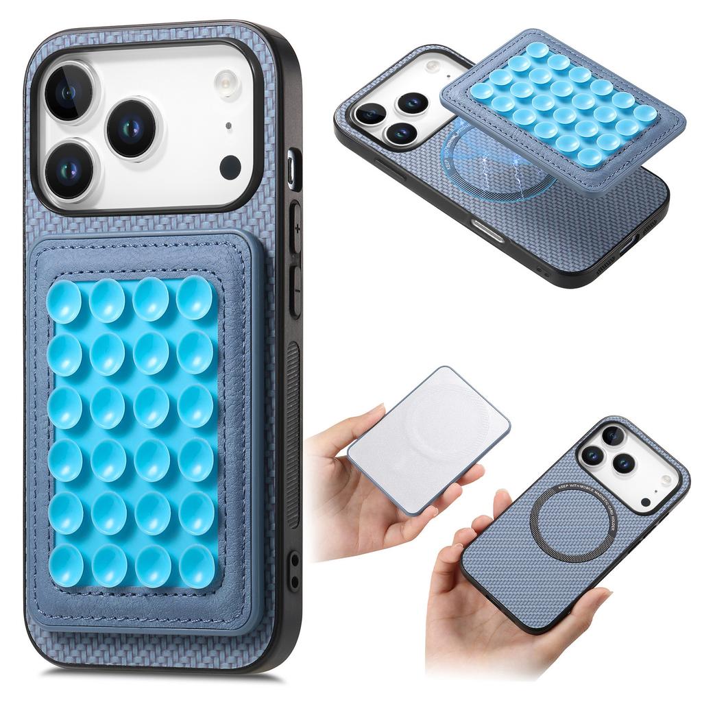 For iPhone 17 Pro Case Carbon Fiber Texture Leather Back Cover with Magnetic Detachable Suction Cup