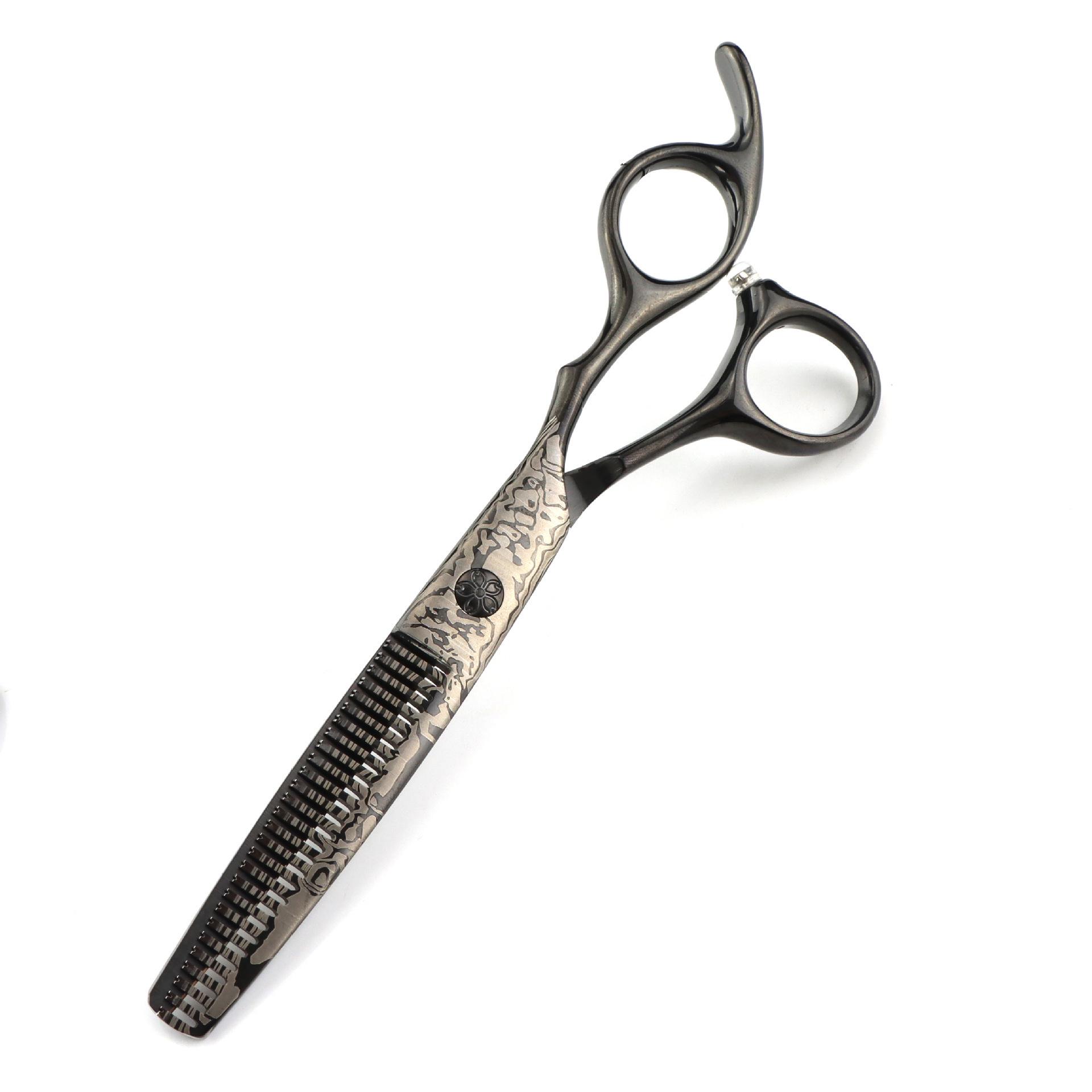 6.0-inch Black Damascus Serrated Barber & Thinning Hairdressing Scissors
