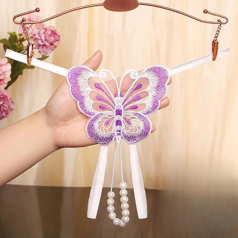 Women Sexy String Butterfly Embroidery Briefs Ultra-Thin Lace Underwear See-Through Low Rise T-Back Open Crotch Underpants