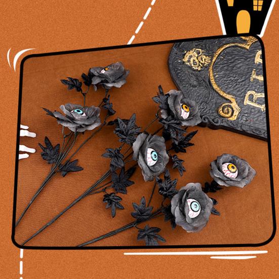 1/2/3Pcs Halloween Artificial Eyeball Flower with Black Maple Leaves Spooky Gothic Fake Silk Flower Home Table Centerpiece Faux Rose Decoration