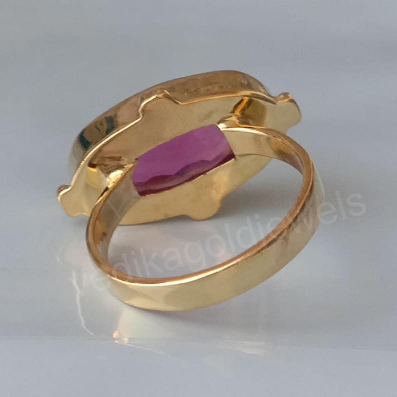 Horizontally Pink Tourmaline Quartz Silver Yellow Gold Ring Jewelry