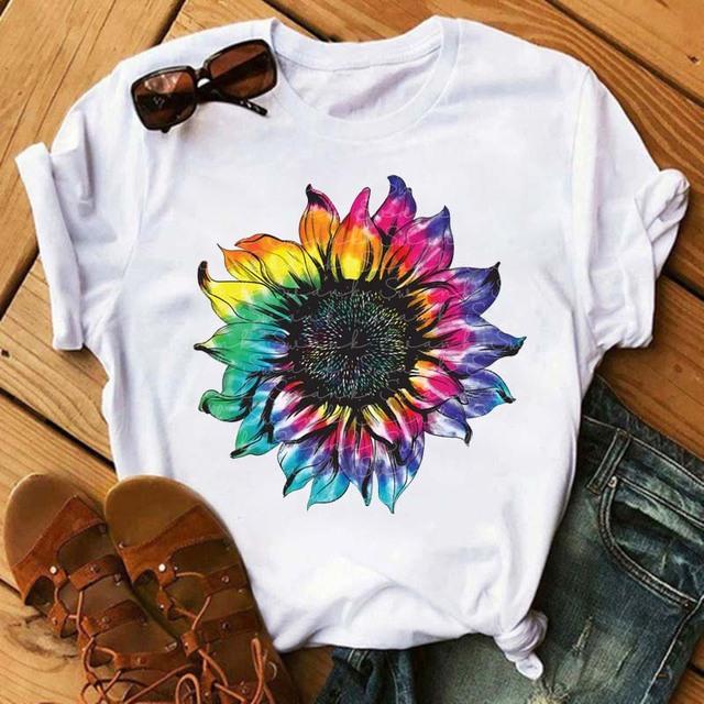 Vintage Leopard Love Sunflower Graphics Women T-Shirt 90S Summer Blouse Loose Short Sleeve Round Neck Female Crop Tops