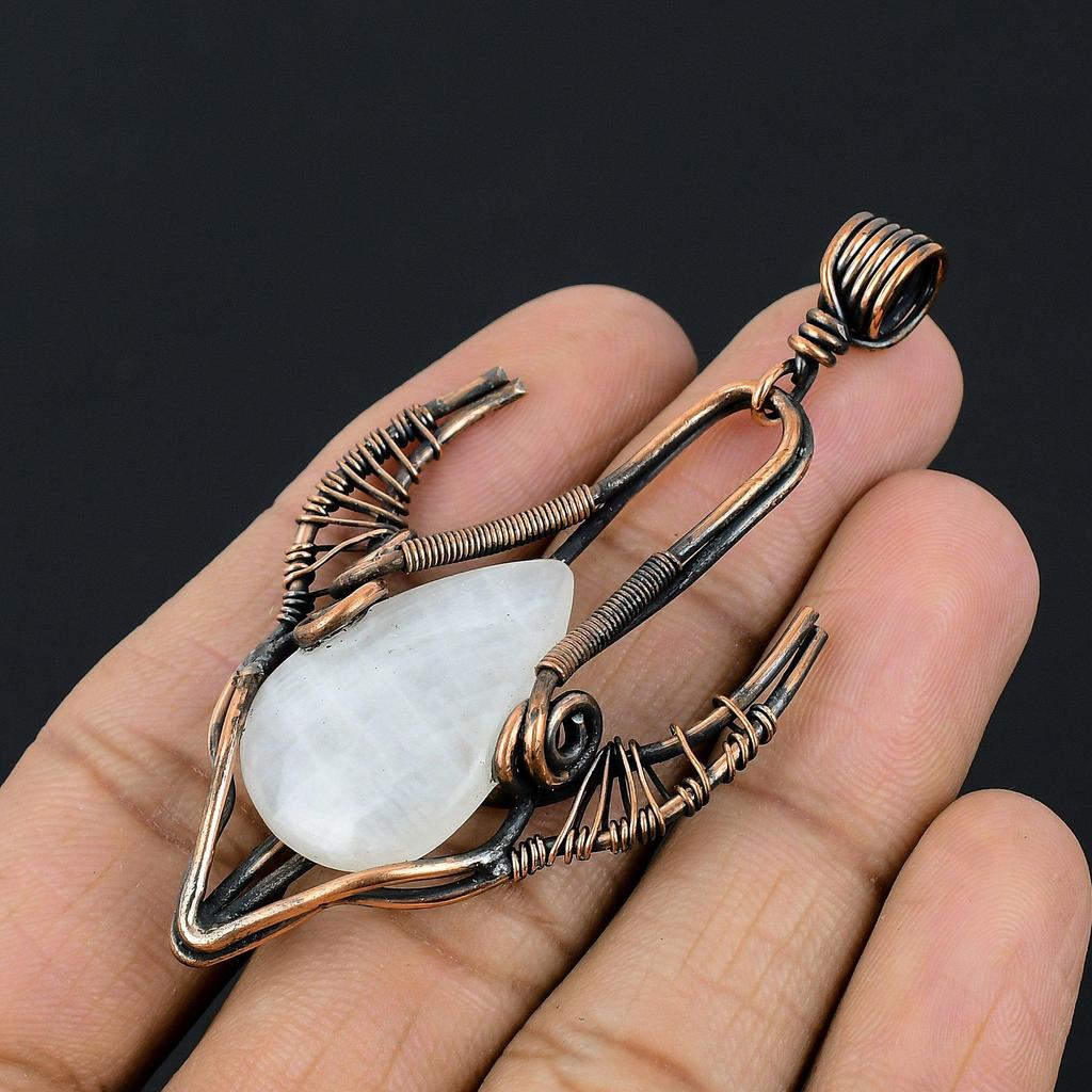 Moonstone 999 Copper Wire Wrapped Pendant, Handmade Gemstone Bull Face Pendant, Gift For Mom Antique Jewelry