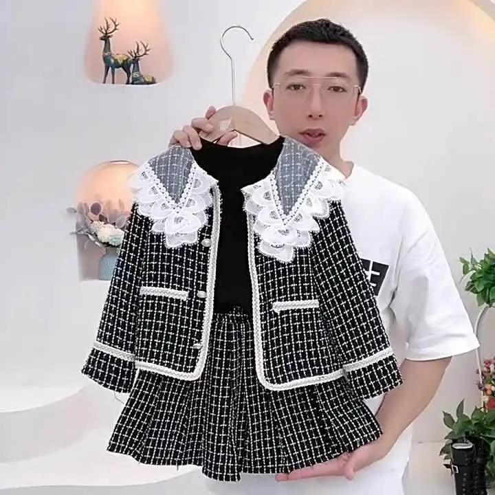 Girls' Autumn Elegant Set Design: Lace Button Jacket + Skirt Two-Piece Set