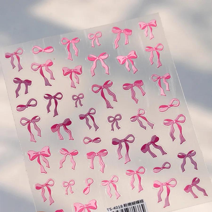 Shiny Red Bowknot Bow Tie Silk Ribbon Butterfly 5D Nail Art Sticker Pearl Rhinestones Self Adhesive Decoration Manicure Decal