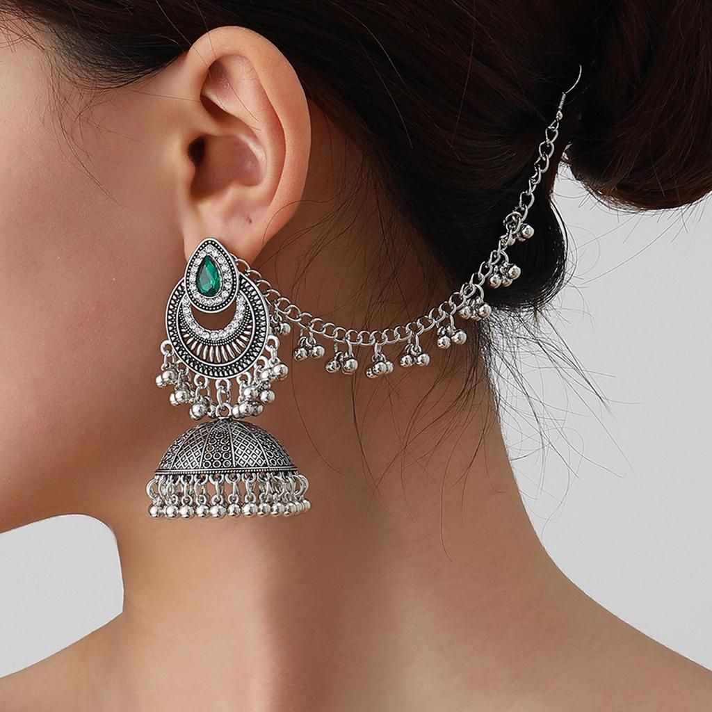 Bohemian Exotic Rhinestone Tassel Necklace & Earrings Set In Antiqued Alloy