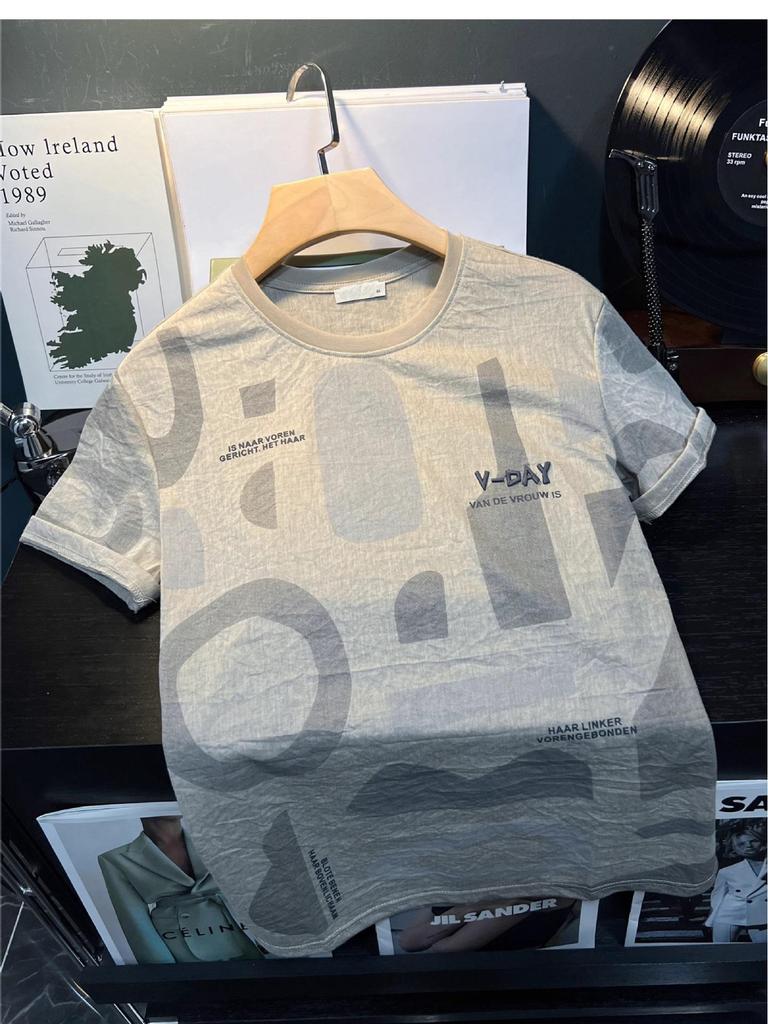 Men's Ultra-Thin Hip Hop Letter Print Short Sleeve T-Shirt, Summer 2024 Korean Style