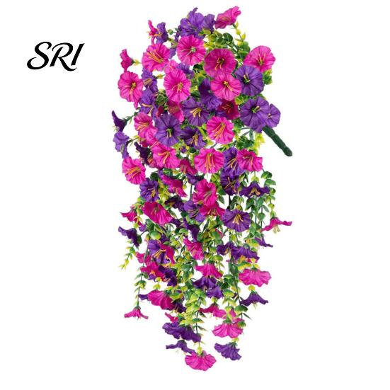 Water-free Flower Decor Artificial Flowers for Outdoor, Fake Hanging Morning Glory with Eucalyptus Leaves, UV No Maintenance Resistant Faux