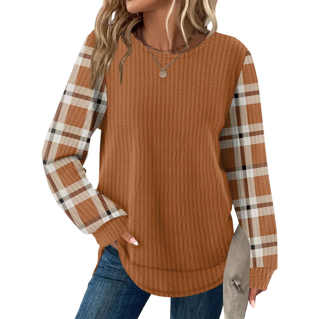 Damrutig tryck rund hals långärmad ledig lös topp