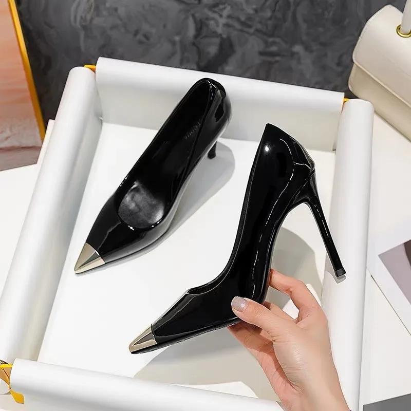 Fashion Stylish and Versatile French Shallow Temperament Commuter Pointed Toe Fine Heel Patent Leather Metal Toe Single Shoes