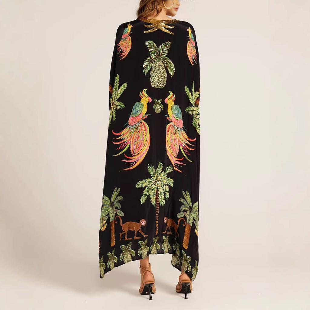Women's Bat Sleeve V-neck Print Loose Long Classic Retro Dress Clothes Sale