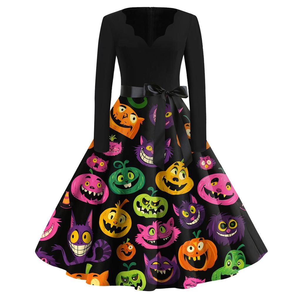 Women's Casual Fashion Halloween Printed V-Neck Vintage Dress