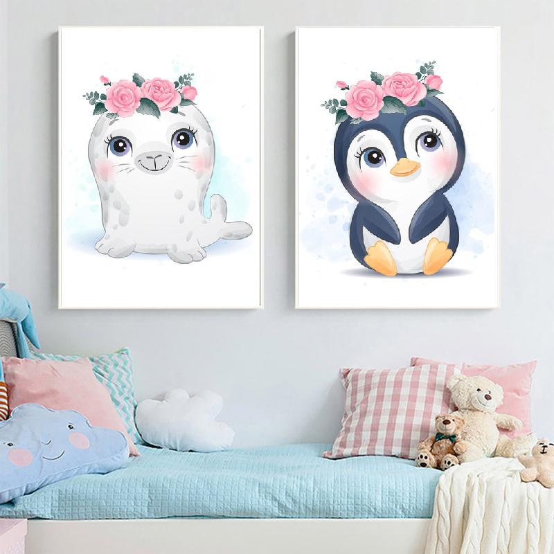 Koala Panda Waschbär Pinguin Wal Krake Robbe Nordic Poster und Drucke Wand Kunst Leinwand Malerei Wand Bilder Kinderzimmer Dekor