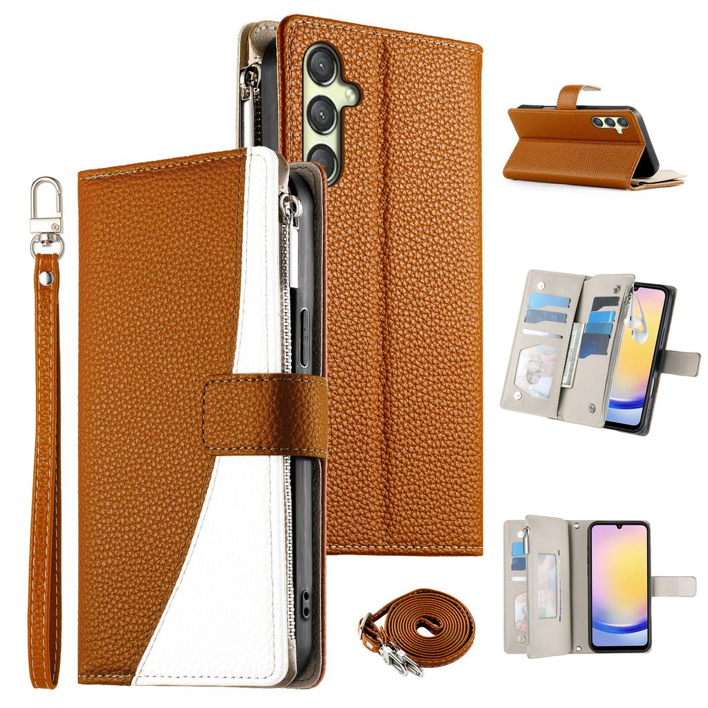 For Samsung Galaxy A25 5G (Global) (161.0mm) Etui Glidelås Lommebok Fargespleiset Lær Flip Telefondeksel med Stropper