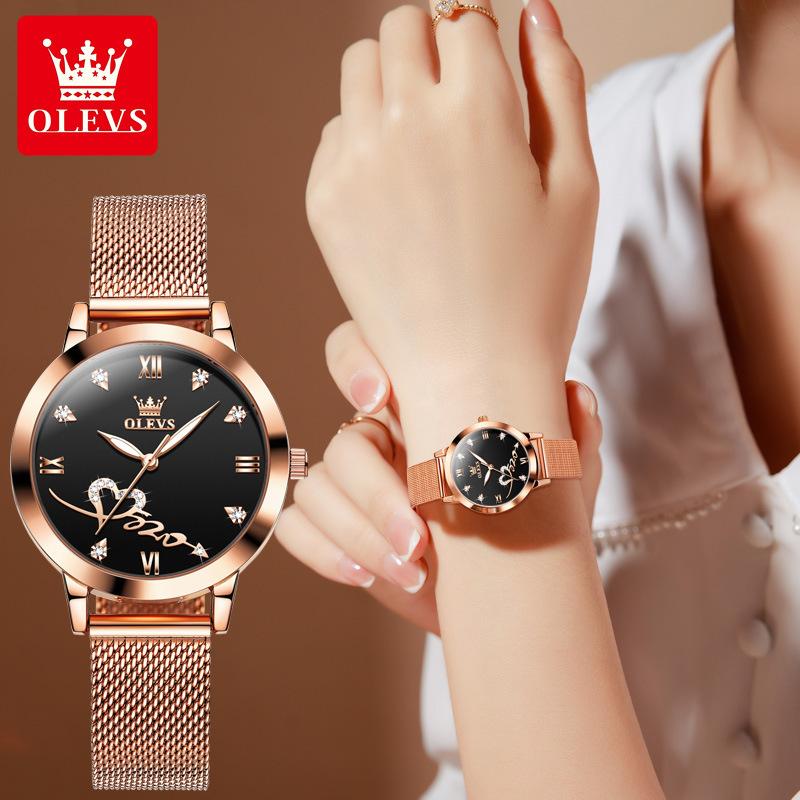 OLEVS Luxury Love Heart Diamond Ladies Watches Stainless Steel Mesh Strap Waterproof Quartz Wristwatch for Women Gift
