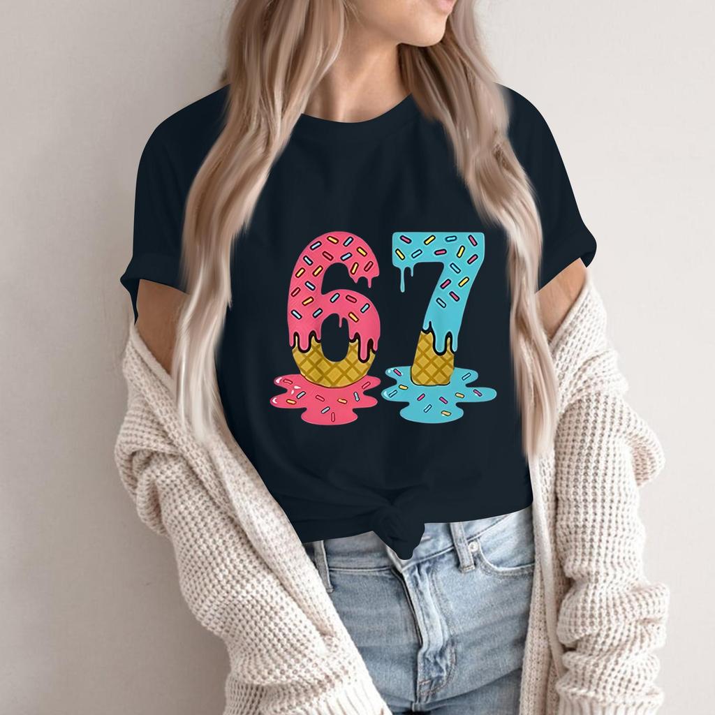 Women's Fashionable Casual Short Sleeved Printed T-Shirt Round Neck Top