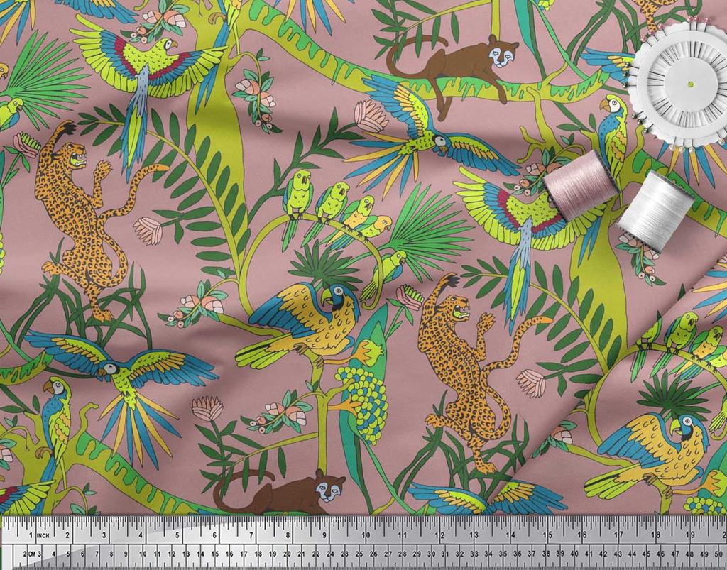 Soimoi Japan Crepe Satin Fabric Branches,Parrot & Leopard Jungle Print Fabric by the metre 42 Inch
