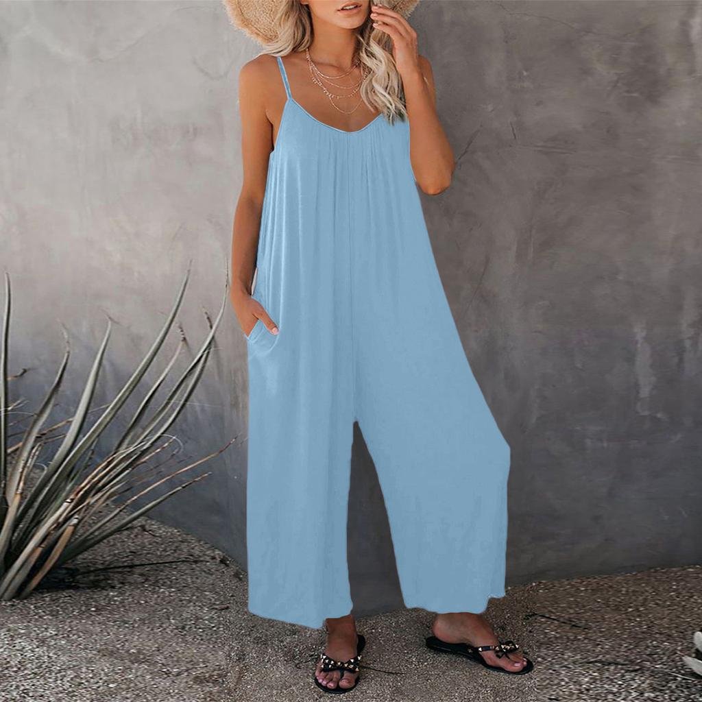 Women's Color Overalls Sleeveless Vest Pocket Casual Jumpsuit