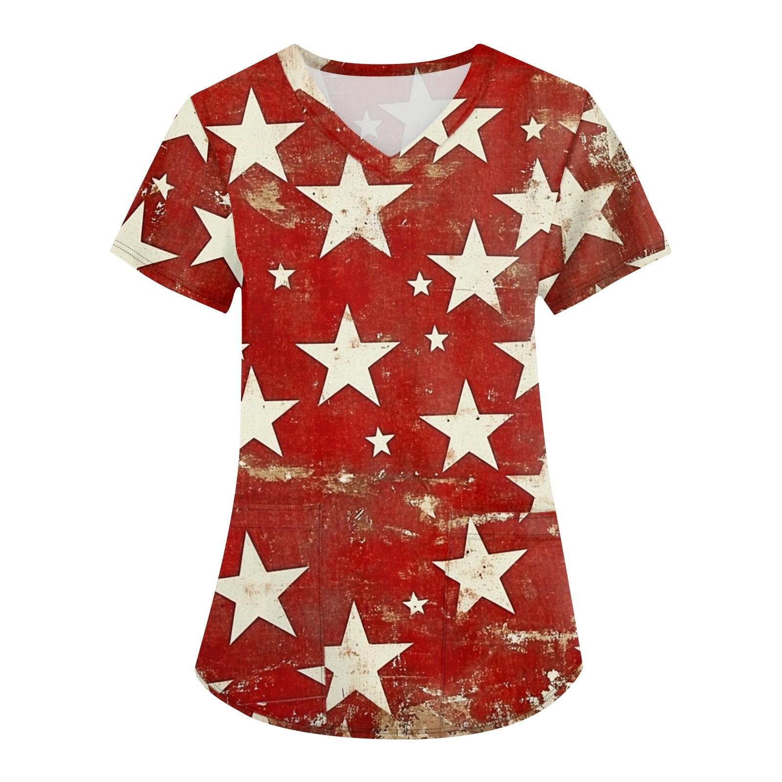 

Plus Size Printed Scrub Working Uniform Tops For Women s Cross V Neck Independence Day Print Short Sleeve Fun T-Shirts Workwear Tee With Pockets XL червоний