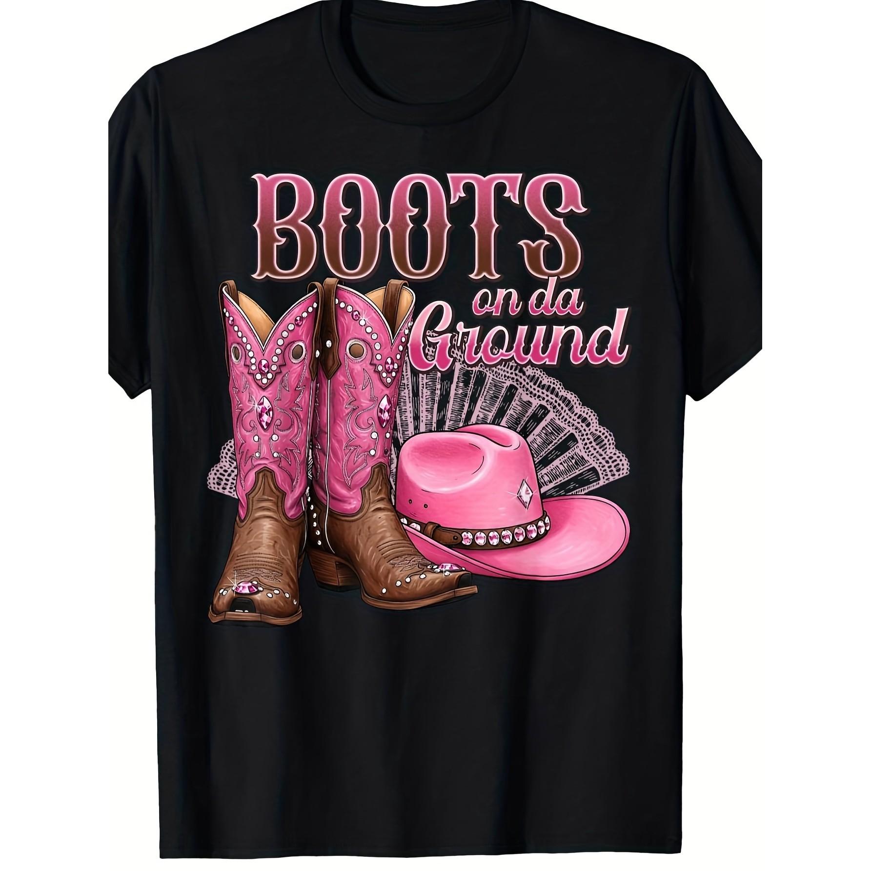 Boots on da Ground Graphic Tee Pink Cowboy Boots Country Music Fan Cotton Crewneck T-Shirt S