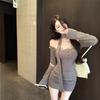 Gray Fake Two-piece Long-sleeved Dress for Women In Autumn Pure Sexy Retro Hot Girl Design Waistband Short Skirt