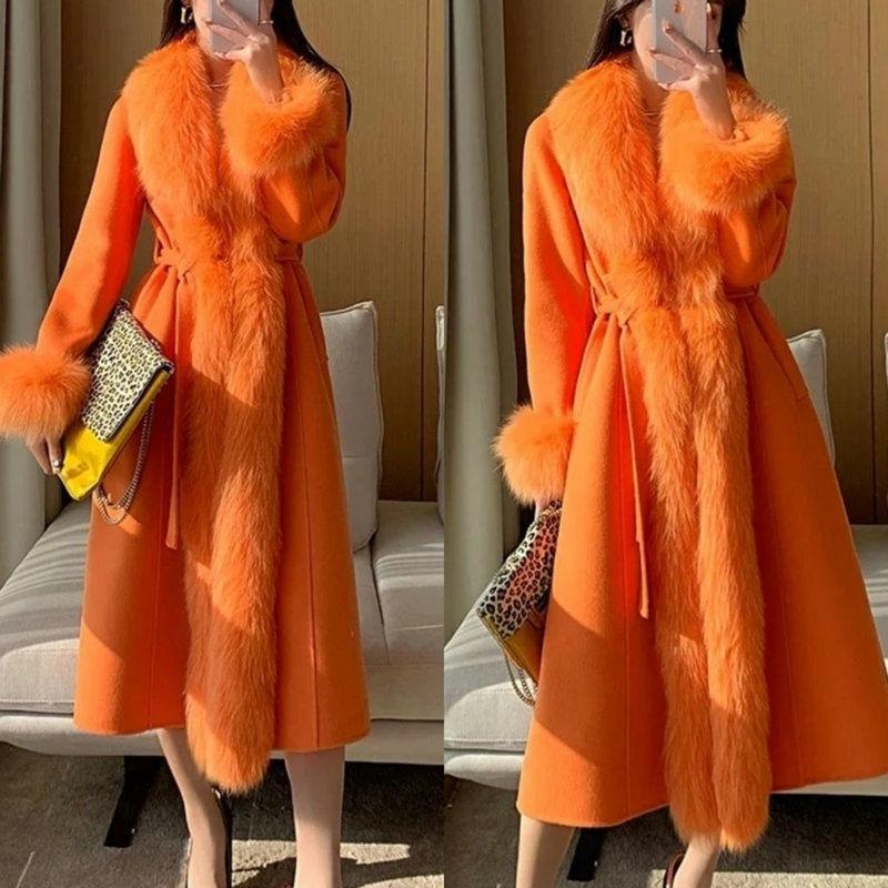 Autumn and winter new high-end imitation fox fur collar fur coat woolen coat thin large size long cotton clothes