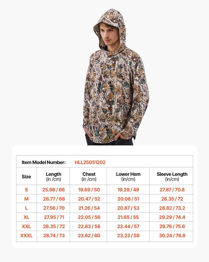 Camo Hoodie, Small Size, Men Pullover Hooded Sweatshirt, Moisture Wicking & Breathable, Quick-dry, Hiking Fishing Shirt with Hood, Long Sleeves