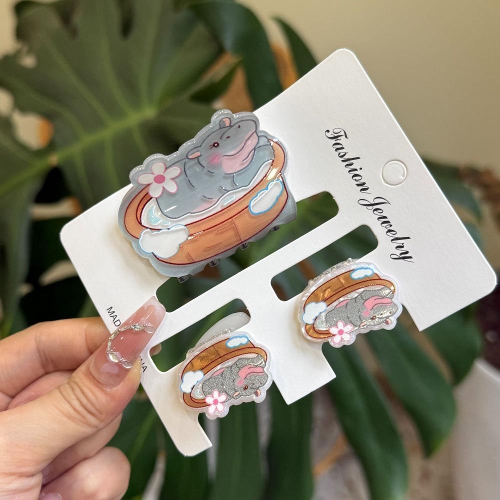 1/3Pcs Flower Small Shark Clip Set Acrylic Cartoon Capybara Hair Clip Miss Hippo Hair Claw  Girls