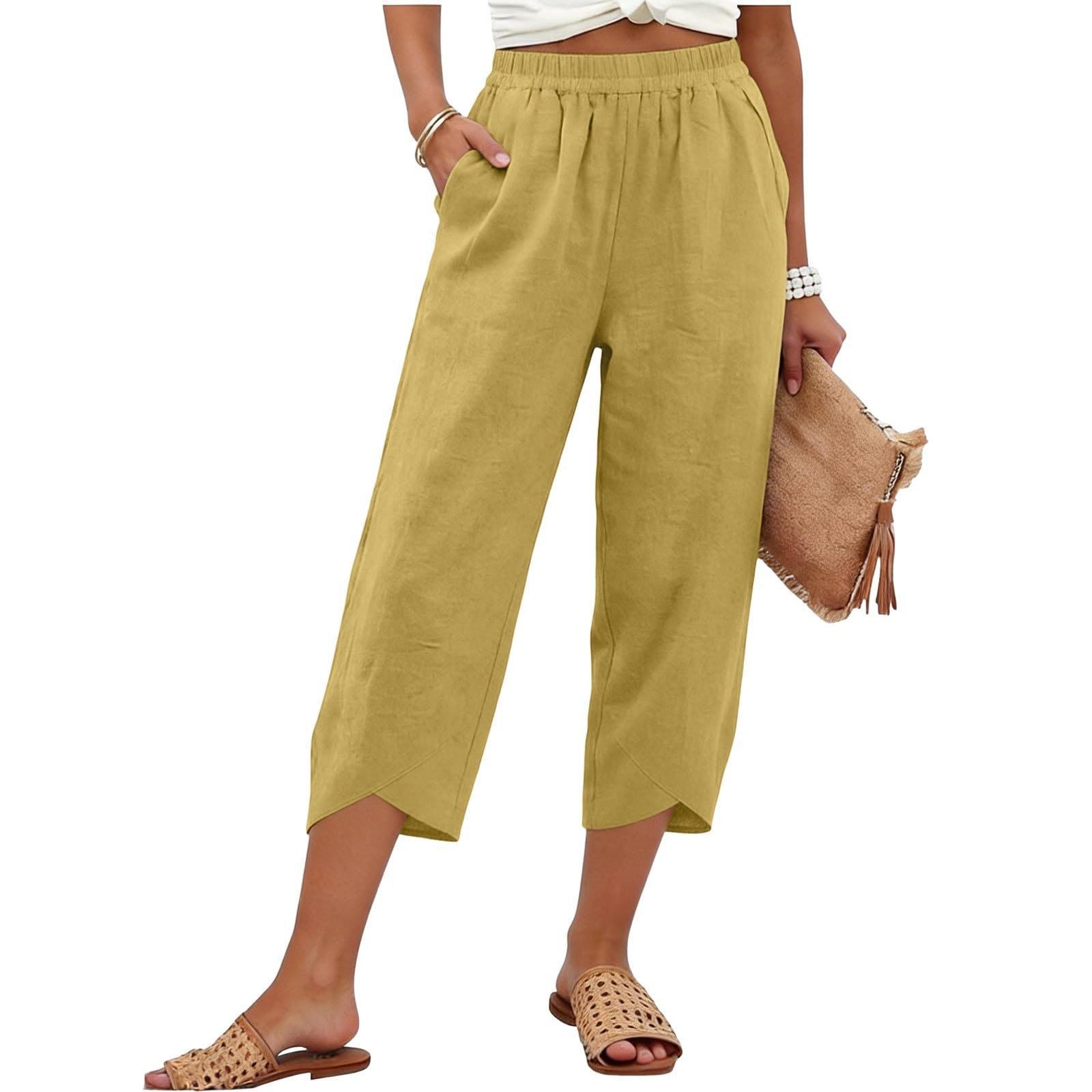 

Women s Casual -Color Cotton-Linen Cropped Trousers With Crossed Cuffs XL