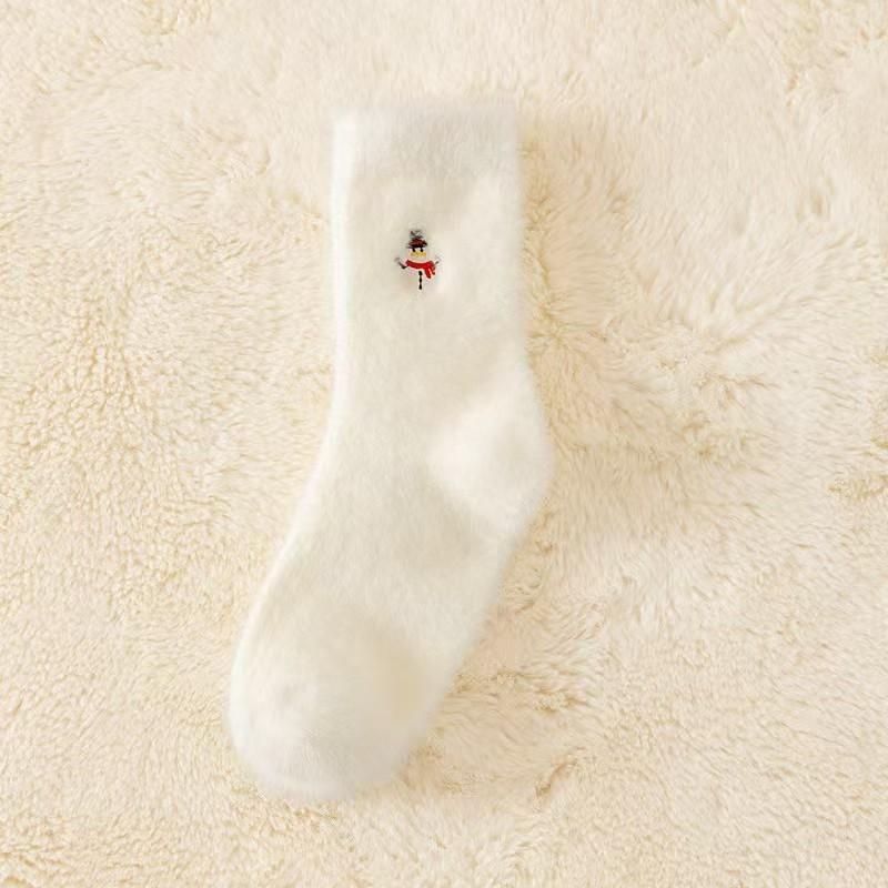 Autumn And Winter Socks, White Mink Fur Christmas Socks, Snowman Santa Claus Christmas Tree Elements, Thickened Warm Socks