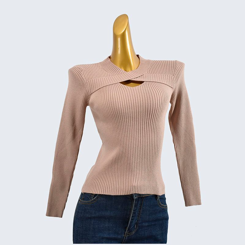 Autumn and Winter Soft Glutinous Round Neck Hollow-out Short Silm Stretch Comfortable Long Sleeve Knitted Inner Match Stylish