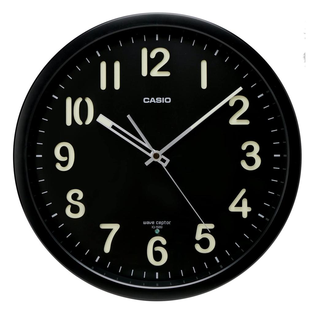 CASIO Wall Nighttime Second Hand Stop Clock, Radio-Controlled, Black, Analog, Standard, Function, IQ-1500J-1JF