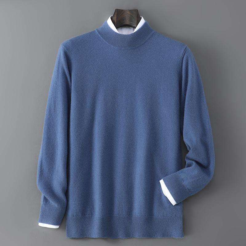 Men's 100% Pure Wool Half-High Neck Sweater - Solid Color, Business Casual Knit Base Layer Top