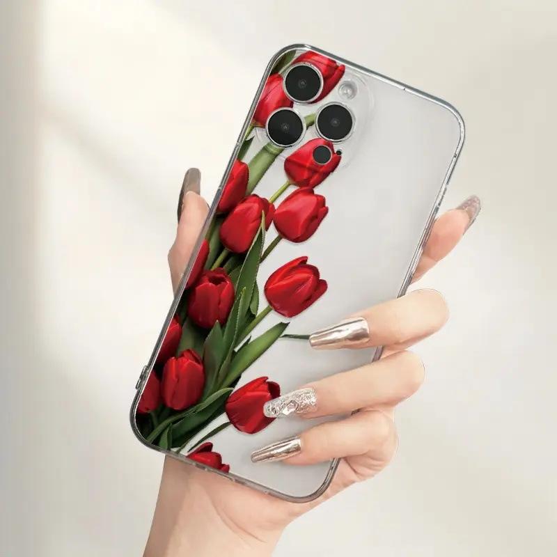 Exclusive for ins tulip flowers, suitable for Apple 17/16 transparent silicone 15promax all-inclusive mobile phone case