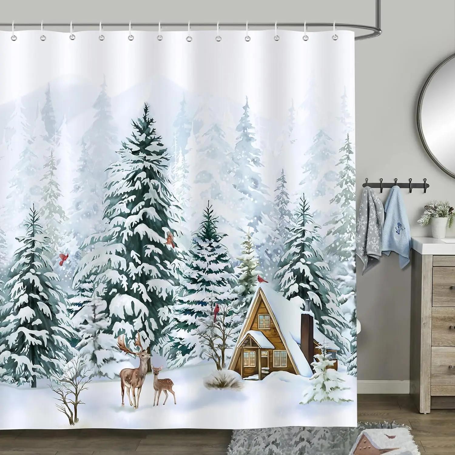 

Unframed Christmas Shower Curtain, Winter Farm Barn Snowman Animal Moose Berry Christmas Tree Snow Scene Red Bird Bathroom Decor W60H190(CM)-1 Pcs