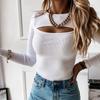 Autumn Women T-shirt Hollow Out Solid Black White Long Sleeve Knitted Tee Tops Casual Slim O Neck Fashion Cut Out  Top Sexy Stretch Tshirt  Streetwear