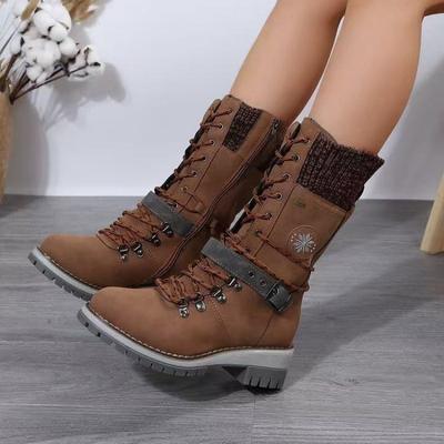 Vinter ny medelstor damkängor rund tå fyrkantig klack läderspänne ull Martin boots stor storlek snökängor