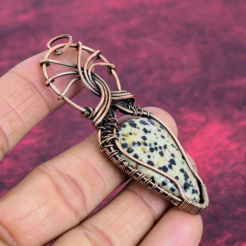Dalmatian Jasper Gemstone Pendant Copper Wire Wrapped Jewelry Handmade Pendant