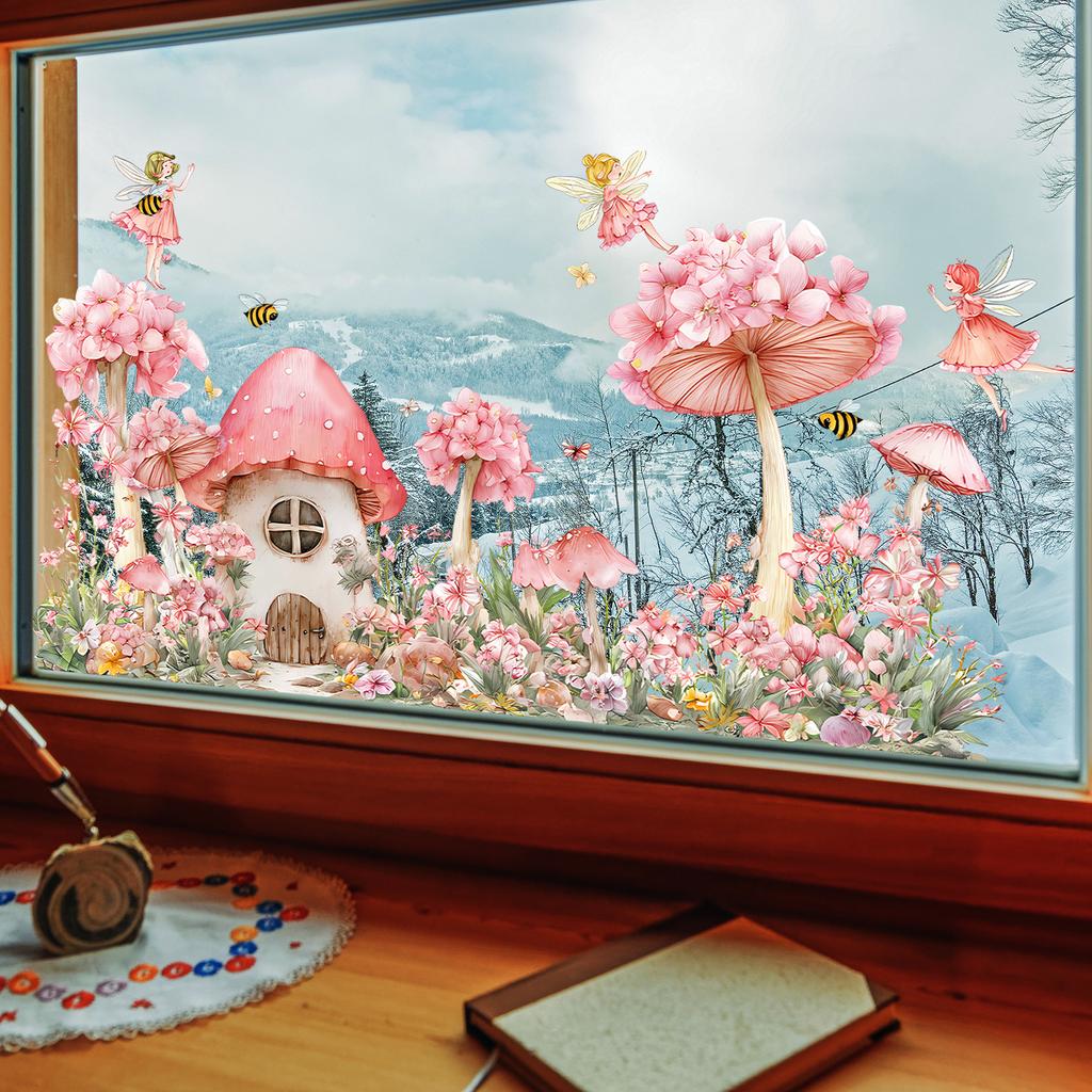 Static Cling Window Film Fairy Mushroom House with Girl In Flowers Double Sided View Decorative Window Sticker