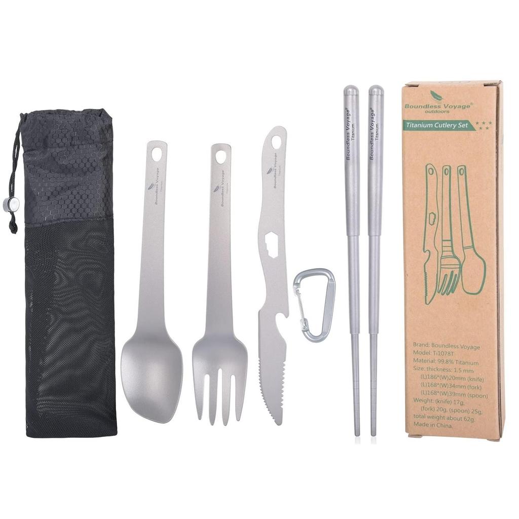 Boundless Voyage Titanium Cutlery Set Set with and and Perfect for Camping and Outdoor Includes Storage Bag (Ti1078T+Ti1004T) 5-Piece Fork, Spoon,