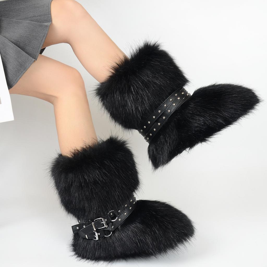 Women's Faux Fur Snow Boot Winter Warm Fluffy Furry Ankle Boots for Women Outdoor Fuzzy Mid-Calf Booties Plush Warm Snow Shoes for Outdoor Indoor
