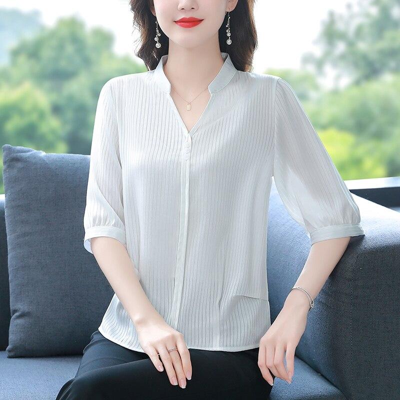 Simple Chiffon Blouse Women Office Lady V Neck Womens Shirts Short Sleeve Summer Tops Loose Female Clothing Blusas 24735
