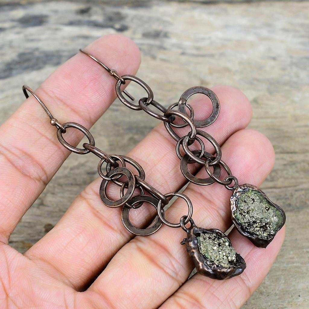 Pyrite Rough Earring Electroformed Copper Earrings Gemstone Jewelry Unique Earring Electroformed Jewelry Gifts for Mother Handmade Earrings