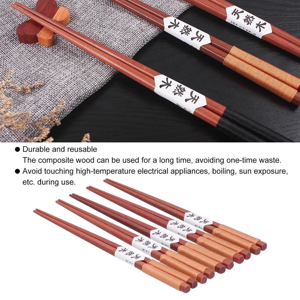 5Pairs Wooden Chopsticks Tangled Line NonSlip Sushi Chopsticks for Hotel Household Restaurant(Brown )